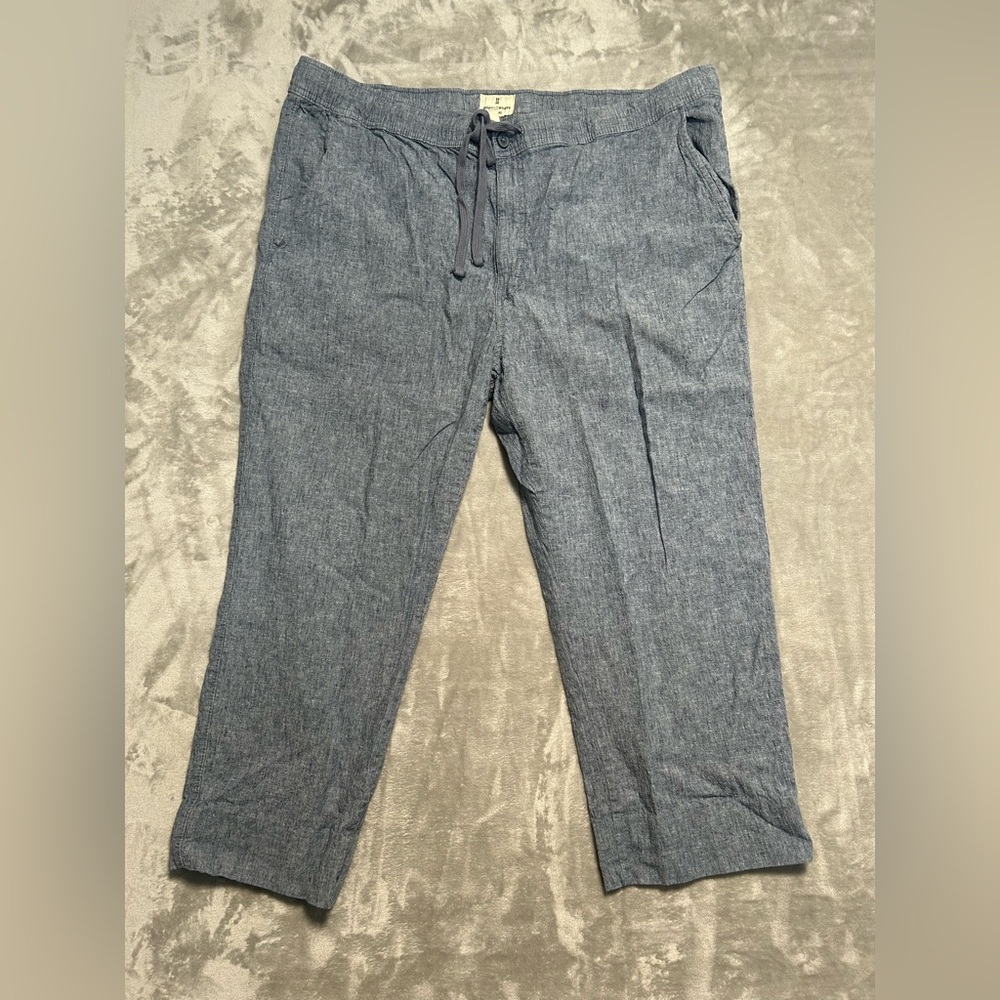 Natural Weave Relaxed Cropped Linen Cotton Pants Women’s 3XL Drawstring Blue